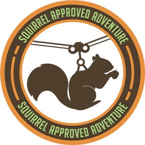 Graphic of squirrel on zipline with brown circle surrounding the squirrel. Words "Squirrel Approved Adventure" contained within brown circle.